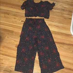 Elegant black, blue and pink wide leg, crop top 2 piece set